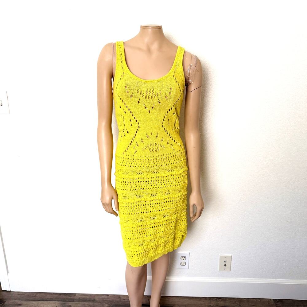[House of Harlow] Yellow Crochet Knit Scoop Neck Sleeveless Midi Dress Sz Large